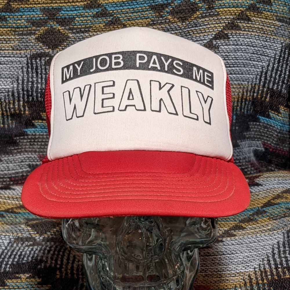 80s Humourous Novelty RED/WHT Foam Mesh Trucker Snapback. Cleaned and reshaped.